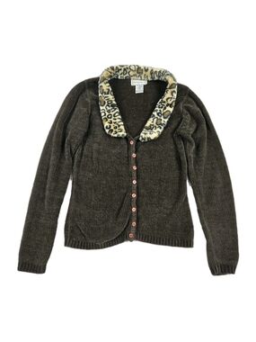 Vintage Button Cardigan Size M Brown Texture Knit Faur Fur Trim Animal Print Mob